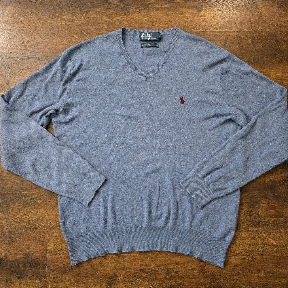 Polo Ralph Lauren Mens Blue Pima Cotton V-Neck Sweater Red Pony Logo Size M